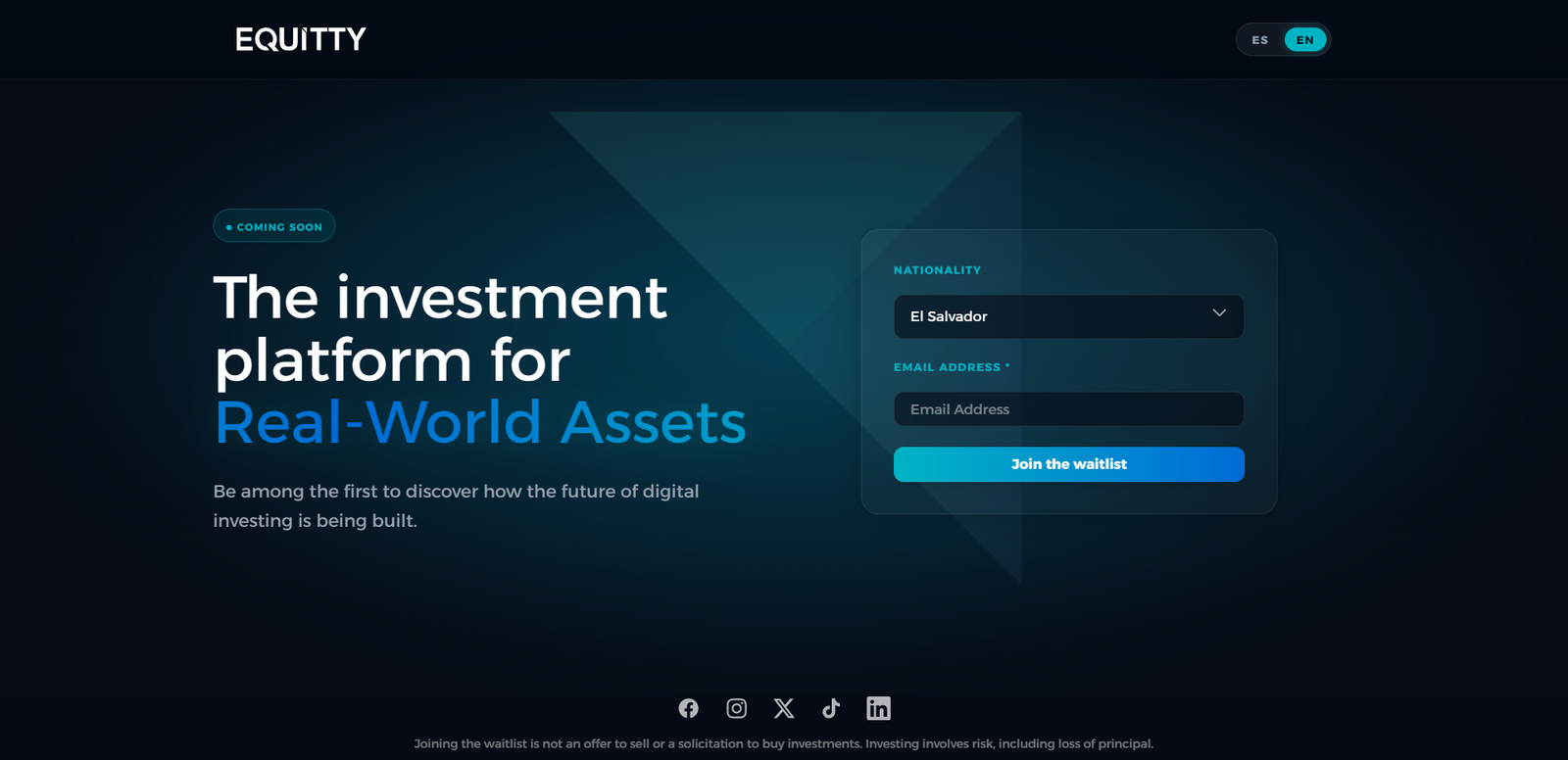 Screenshot of Equity landing page